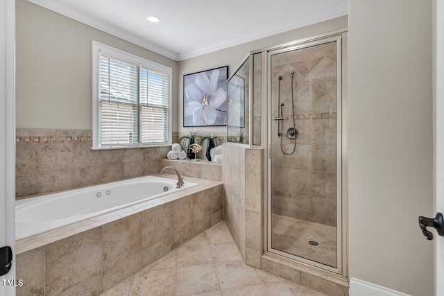 bathroom with tile patterned flooring, ornamental molding, a garden tub, and a shower stall