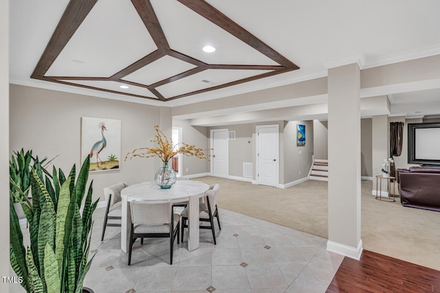 dining space featuring coffered ceiling, crown molding, stairway, baseboards, and light colored carpet