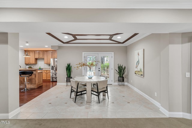dining room featuring french doors, light tile patterned floors, baseboards, and recessed lighting