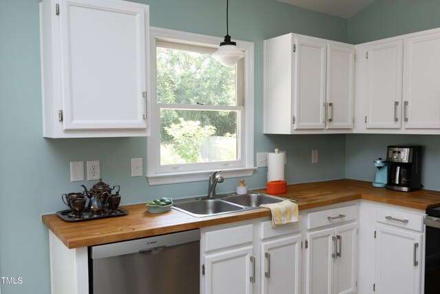 109 Perry Farms Dr, Apex, NC 27502 - kitchen with stainless steel dishwasher, wooden counters, white cabinets, a sink, and hanging light fixtures