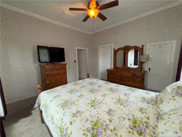bedroom with baseboards, ornamental molding, wallpapered walls, and ceiling fan