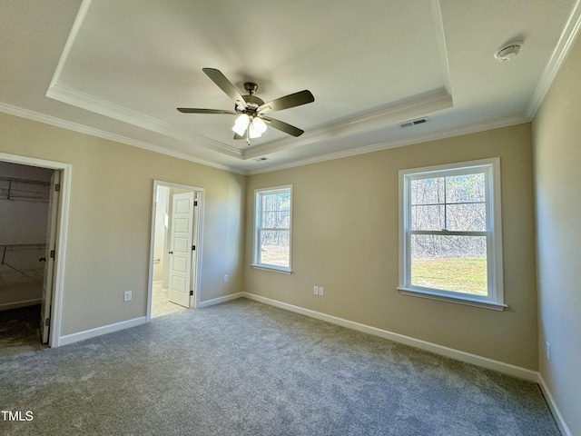 1572 Patterson Rd, Kinston, NC 28504 - unfurnished bedroom with a tray ceiling, ornamental molding, a spacious closet, carpet floors, and baseboards