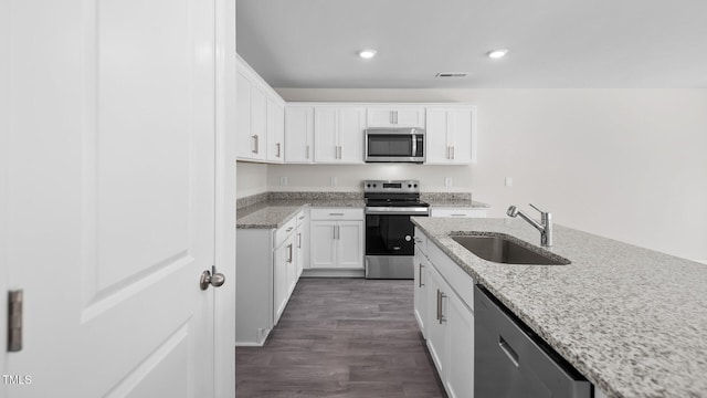 kitchen with a sink, visible vents, white cabinets, and appliances with stainless steel finishes
