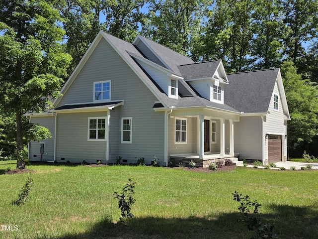 5480 Thom Rd, Mebane, NC 27302 - view of front of property featuring a shingled roof, covered porch, crawl space, a front lawn, and a garage
