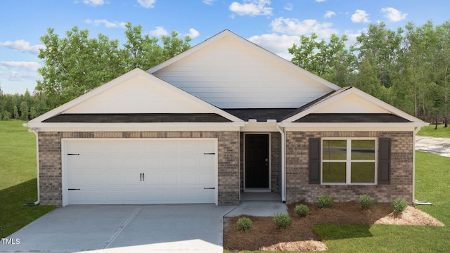 single story home featuring an attached garage, a front lawn, concrete driveway, and brick siding