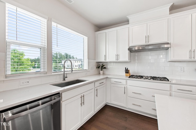 249 Wendover Pkwy, Pittsboro, NC 27312 - kitchen with a sink, stainless steel appliances, under cabinet range hood, and backsplash