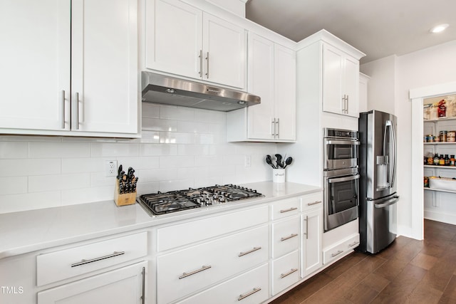 249 Wendover Pkwy, Pittsboro, NC 27312 - kitchen with under cabinet range hood, stainless steel appliances, dark wood-style flooring, tasteful backsplash, and white cabinetry