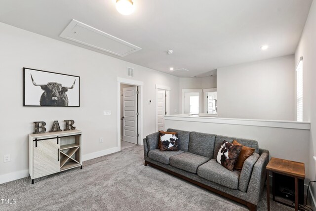 249 Wendover Pkwy, Pittsboro, NC 27312 - carpeted living area featuring attic access, baseboards, and recessed lighting