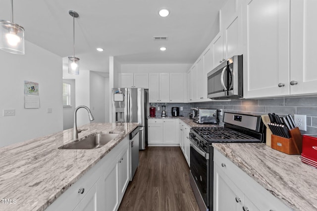 kitchen with white cabinets, a sink, dark wood-style flooring, visible vents, and appliances with stainless steel finishes