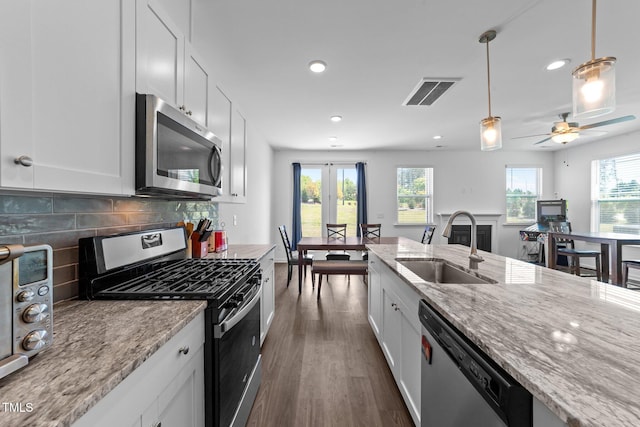 kitchen featuring a sink, a wealth of natural light, stainless steel appliances, dark wood-style flooring, and visible vents