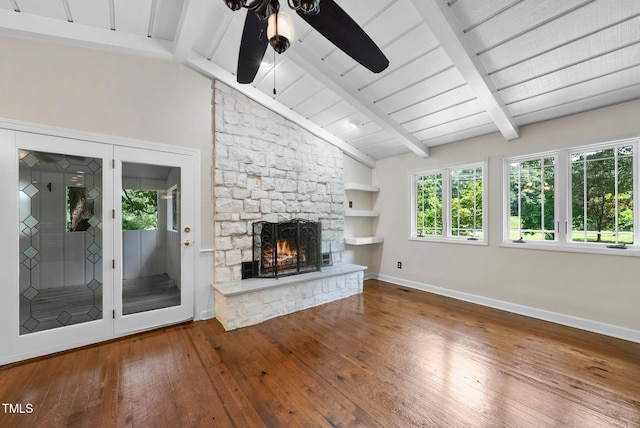 6601 Hidden Pond Rd, Wendell, NC 27591 - unfurnished living room with hardwood / wood-style floors, ceiling fan, a fireplace, and wooden ceiling