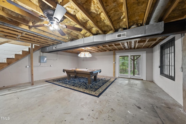 6601 Hidden Pond Rd, Wendell, NC 27591 - basement featuring electric panel, billiards table, and stairs