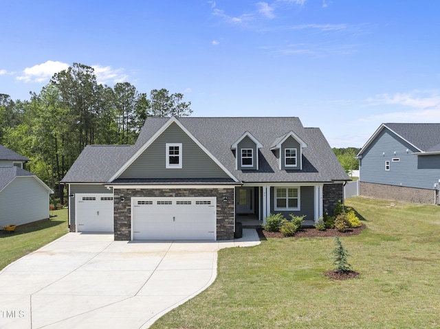 craftsman-style house with concrete driveway, a front yard, a shingled roof, and stone siding