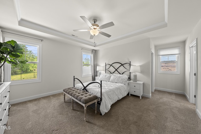 bedroom with visible vents, baseboards, carpet floors, and a tray ceiling
