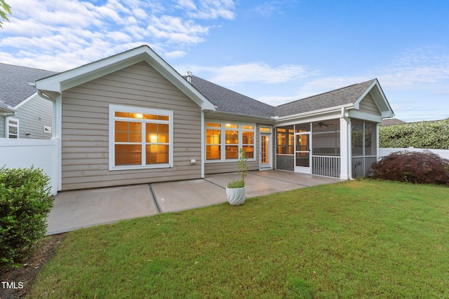 80 Bramble Ln, Clayton, NC 27527 - back of property with a sunroom, a patio area, roof with shingles, and ceiling fan