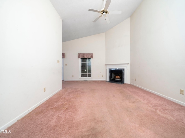 5148 Wallingford Dr, Raleigh, NC 27616 - unfurnished living room featuring light carpet, a ceiling fan, high vaulted ceiling, and a premium fireplace