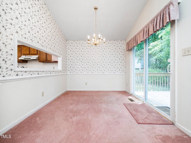 5148 Wallingford Dr, Raleigh, NC 27616 - unfurnished dining area with wallpapered walls, a chandelier, light colored carpet, and lofted ceiling