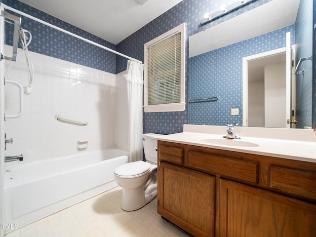 5148 Wallingford Dr, Raleigh, NC 27616 - bathroom with wallpapered walls, shower / bathtub combination with curtain, and vanity