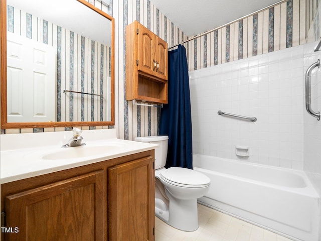 5148 Wallingford Dr, Raleigh, NC 27616 - full bath featuring wallpapered walls, vanity, and shower / tub combo with curtain