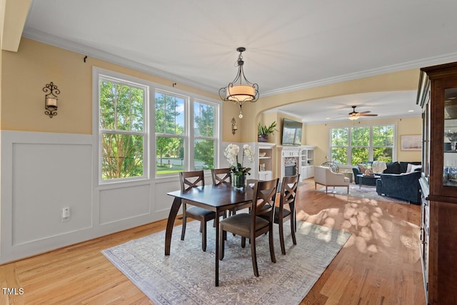 997 Windy Rd, Apex, NC 27502 - dining space featuring crown molding, a fireplace, light wood-style flooring, and a ceiling fan