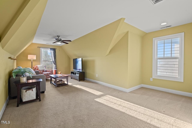 997 Windy Rd, Apex, NC 27502 - living area with carpet, ceiling fan, and vaulted ceiling