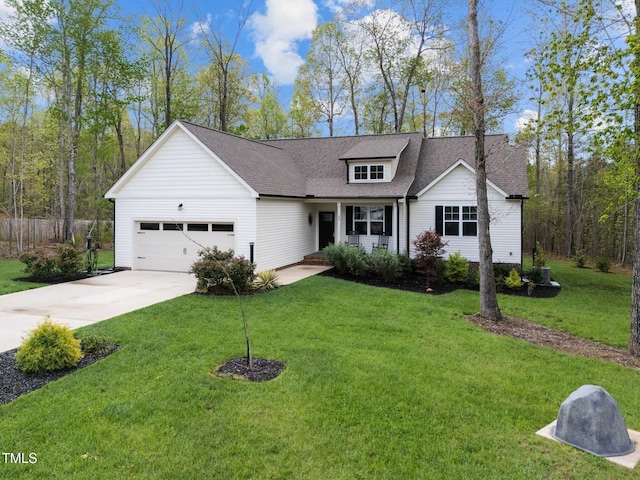 view of front of property with an attached garage, a front lawn, driveway, and roof with shingles