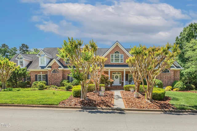 129 Trellingwood Dr, Morrisville, NC 27560 - view of front facade featuring brick siding, a front lawn, a porch, and a shingled roof