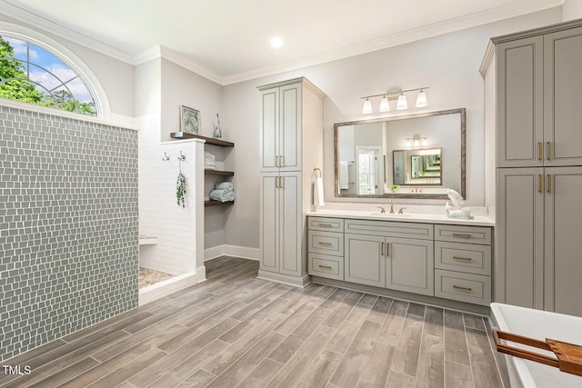 129 Trellingwood Dr, Morrisville, NC 27560 - full bath featuring walk in shower, vanity, wood finished floors, crown molding, and recessed lighting
