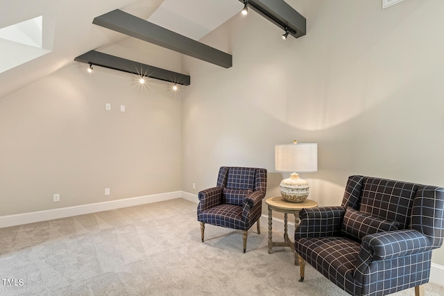 129 Trellingwood Dr, Morrisville, NC 27560 - sitting room featuring track lighting, carpet floors, baseboards, and high vaulted ceiling