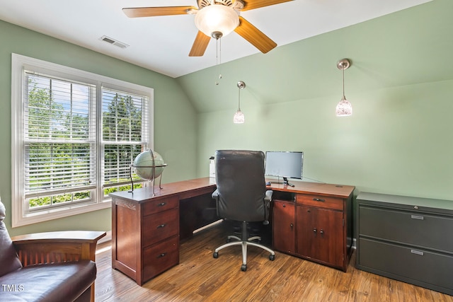 129 Trellingwood Dr, Morrisville, NC 27560 - office with ceiling fan, wood finished floors, and vaulted ceiling