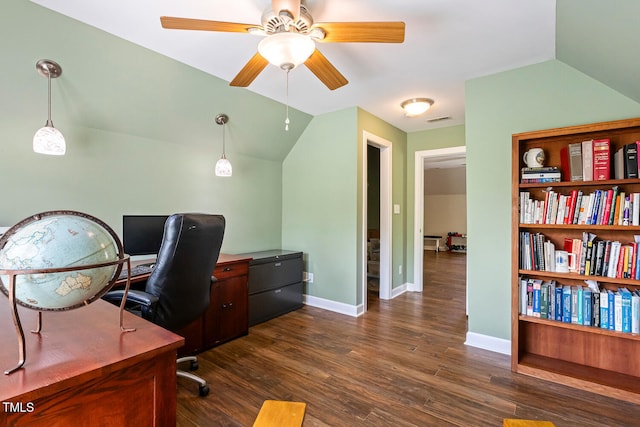 129 Trellingwood Dr, Morrisville, NC 27560 - office space with ceiling fan, lofted ceiling, baseboards, and dark wood-style floors