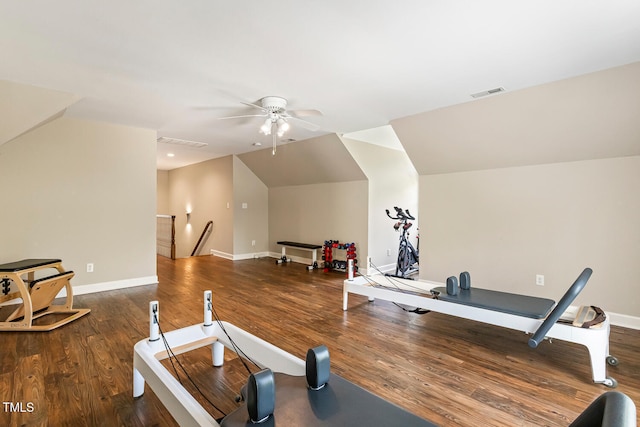 129 Trellingwood Dr, Morrisville, NC 27560 - exercise room with wood finished floors, ceiling fan, baseboards, and vaulted ceiling