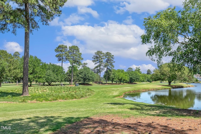 129 Trellingwood Dr, Morrisville, NC 27560 - view of home's community with a water view, view of scattered trees, a lawn, and golf course view