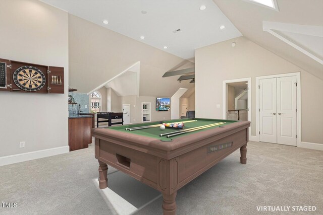 129 Trellingwood Dr, Morrisville, NC 27560 - recreation room featuring carpet, billiards, lofted ceiling, recessed lighting, and baseboards