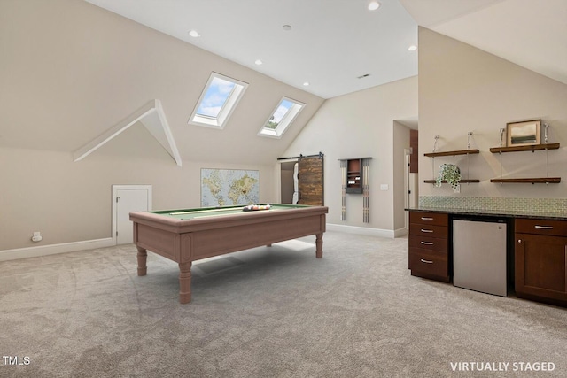 129 Trellingwood Dr, Morrisville, NC 27560 - game room with lofted ceiling, light colored carpet, a skylight, billiards, and baseboards