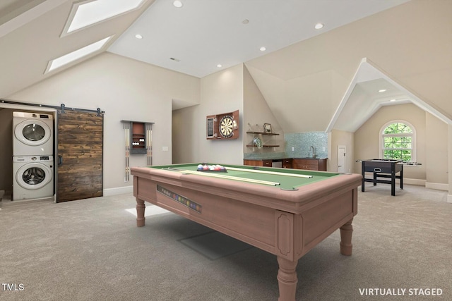 129 Trellingwood Dr, Morrisville, NC 27560 - playroom featuring stacked washer / drying machine, light colored carpet, vaulted ceiling, billiards, and recessed lighting