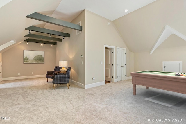 129 Trellingwood Dr, Morrisville, NC 27560 - recreation room featuring lofted ceiling, carpet flooring, baseboards, and billiards