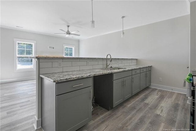 4915 High Branch Ct, Stedman, NC 28391 - kitchen featuring gray cabinetry, wood finished floors, ceiling fan, and a peninsula