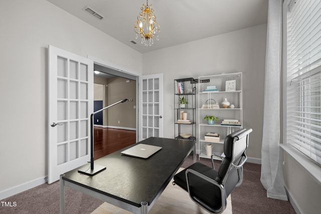 office area with a chandelier, visible vents, carpet floors, baseboards, and french doors