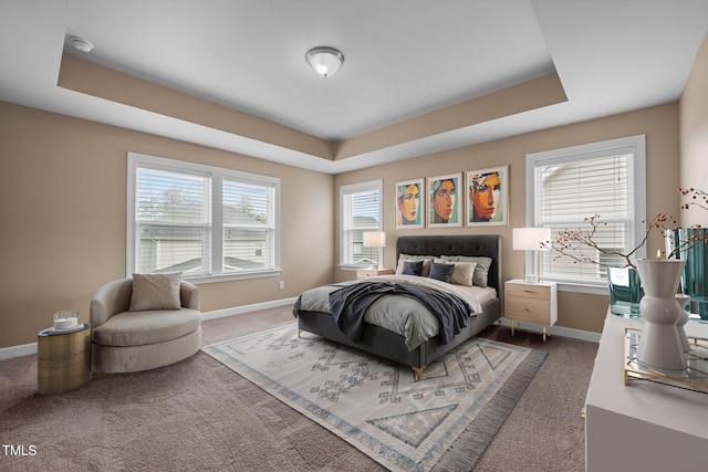 bedroom with baseboards, carpet, and a tray ceiling