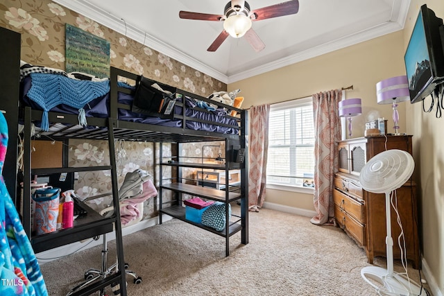 8437 Little Woody Ct, Zebulon, NC 27597 - carpeted bedroom featuring baseboards, ceiling fan, and ornamental molding