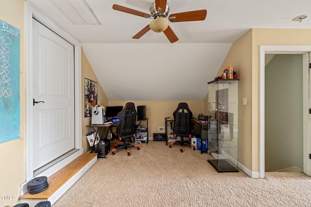 8437 Little Woody Ct, Zebulon, NC 27597 - home office featuring baseboards, vaulted ceiling, ceiling fan, and carpet