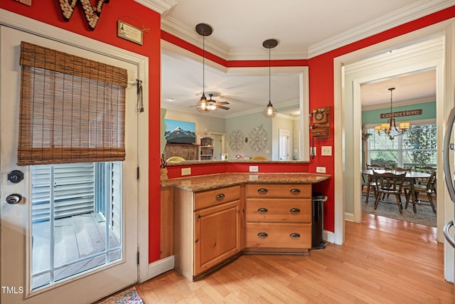 8437 Little Woody Ct, Zebulon, NC 27597 - kitchen featuring decorative light fixtures, light wood-style floors, and crown molding
