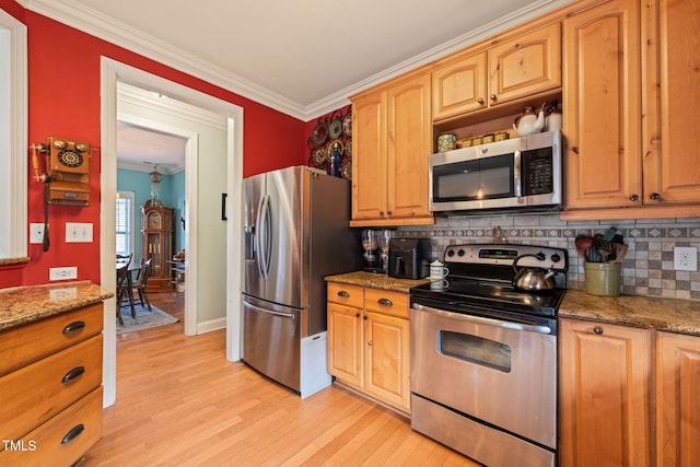 8437 Little Woody Ct, Zebulon, NC 27597 - kitchen with ornamental molding, backsplash, stone counters, light wood-style flooring, and appliances with stainless steel finishes