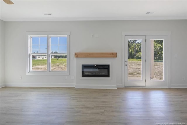4905 High Branch Ct, Stedman, NC 28391 - unfurnished living room featuring plenty of natural light, wood finished floors, crown molding, and a glass covered fireplace