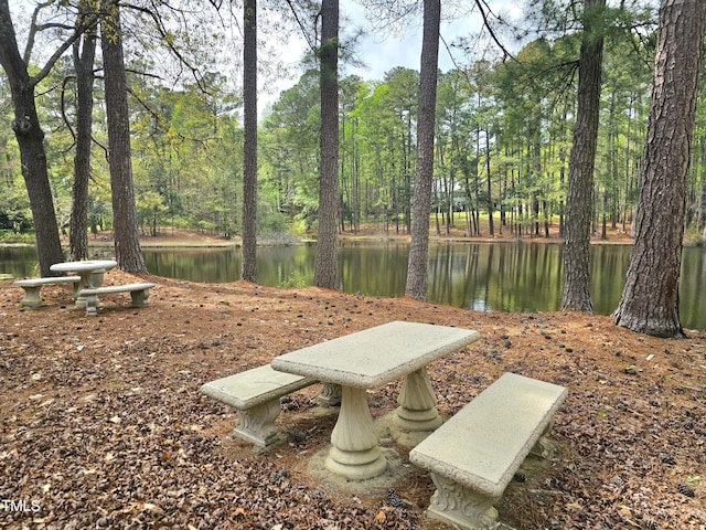 view of community featuring a forest view and a water view