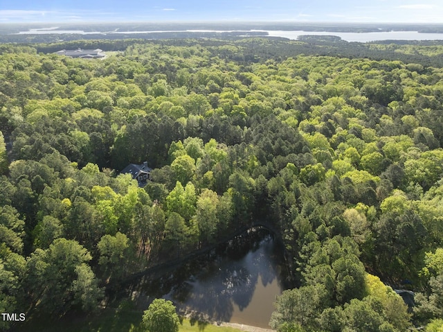 bird's eye view of a heavily wooded area and a large body of water