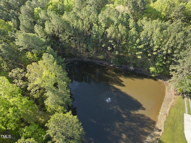 aerial overview of property's location featuring a heavily wooded area and a nearby body of water