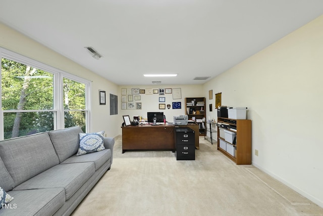 home office with light carpet and baseboards