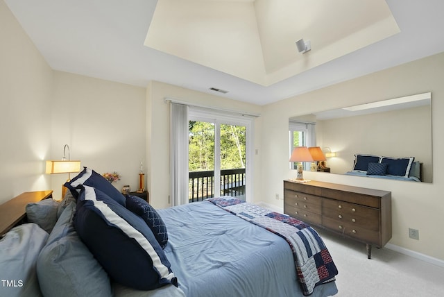 bedroom featuring access to outside, carpet floors, and baseboards